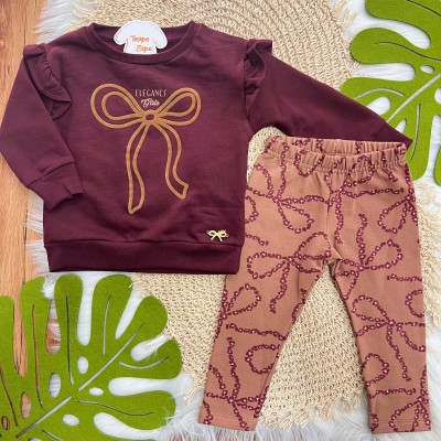 Conj. Casaco de Moletom Elegance Girls e Calça Legging Laços - Bordo e Marrom
